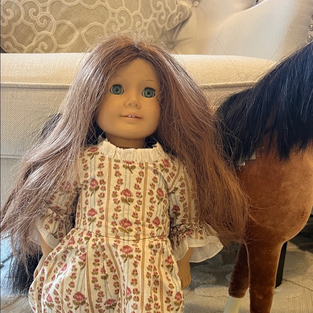 American Girl Doll Felicity with Brown Hair and Floral Dress and her horse Penny
